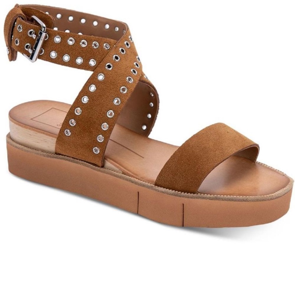 Dolce Vita Womens Panko Stud Tan Leather Embossed Platform Sandals sz 7.5
